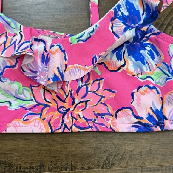 Lilly Pulitzer Girl Bikini Top Swim Wear SZ  8  pink ruffles And Floral, Lined - Picture 2 of 4